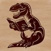 A prehistoric T Rex dinosaur character reading a book in a whimsical illustration.