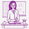 Educator Woman Icon Illustration A young professional woman standing in front of a classroom, symbolizing the education profession.