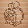 A 2D illustration of a motor with gears and wires, suitable for vector graphics and digital cutting.