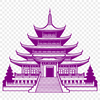 A stylized rendering of a traditional Buddhist temple with intricate architectural details.