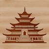 A 2D illustration of a traditional Buddhist temple with ornate details and architectural features.