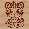 Close-up illustration of a tiger sitting on the ground, with bold lines and vibrant colors.