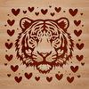 Whimsical Tiger Close-up A close-up of a tiger's head with love hearts surrounding its features.