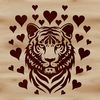 Tiger Portrait with Love Hearts A close-up vector illustration of a tiger's head with love hearts surrounding its face.