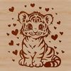 A cartoon tiger sitting in front of a simple background, designed with vector lines and filled with colorful hearts.