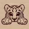 Wild Tiger Portrait A vector graphic of a big cat's face, with the tiger peeking out from behind foliage.