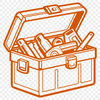 A collection of tools and equipment stored in a wooden toolbox.