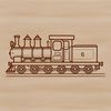 A vector graphic representation of a train with bold lines and clean shapes.