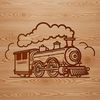 A stylized illustration of a locomotive engine with multiple cars attached.