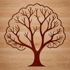 A stylized illustration of a tree branch with leaves and trunk.
