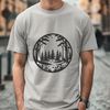 A stylized illustration of a forest landscape with trees in various sizes and foliage.