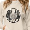 A detailed illustration of a dense forest landscape with various tree species and foliage.