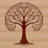 A stylized illustration of a tree in a natural environment.