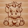 A colorful illustration of a baby triceratops dinosaur from the prehistoric era.