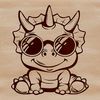 A baby triceratops dinosaur wearing sunglasses in a prehistoric setting.