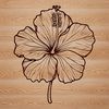 A detailed illustration of a hibiscus flower with large petals and a prominent central stamen.