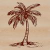 A single palm tree with green fronds and trunk standing in a beach setting.