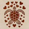 A detailed illustration of a sea turtle swimming in the ocean, surrounded by heart shapes.