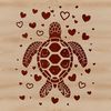 A colorful illustration of a sea turtle swimming in the ocean, surrounded by love hearts.