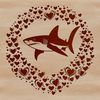 A stylized illustration of a shark with love hearts surrounding its body.