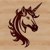 A mythical creature from fairy tale legend, depicted as a horse-like head with a single horn on its forehead.