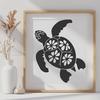 A stylized illustration of a sea turtle in full body pose with floral patterns on its shell.