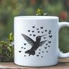 Lovely Vector Bird Design Featuring a Flying Hummingbird A full-body illustration of a hummingbird in flight, surrounded by love hearts.