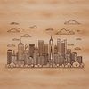 Cityscape illustration with skyscrapers and urban architecture, created as a vector graphic in SVG format.