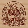 Sweetheart Skeletal Duo A pair of skeletons holding hands, surrounded by a wreath of roses, suitable for Valentine's Day decorations or gift ideas.