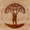 An artistic representation of a lovers' tree with foliage and roots entwined in a tender gesture.