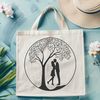 Intertwined tree with loving figures A stylized illustration of an intertwined tree with embracing figures at its base.