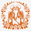 A romantic floral design featuring a pair of love skeletons surrounded by roses and foliage.