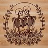 Hand in Hand Couple A pair of skeletons holding hands, surrounded by floral elements, including a rose.