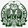 Love is Dead Yet Beautiful A stylized illustration of a pair of skeletons holding roses, symbolizing Valentine's Day.