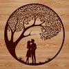 Adorable Tree Hug Embracing Lovers Clip Art A stylized illustration of a tree with embracing lovers, suitable for Valentine's Day or wedding decorations.
