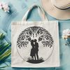 Love Enshrined in Nature An ornate vector design of a tree with a romantic couple embracing in its foliage.