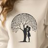 Interconnected Love under the Branches A stylized illustration of a tree with intertwined lovers sharing a romantic kiss under its branches.