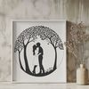 Whimsical Valentine's Day Tree Design Illustrated tree with intertwined branches and couple embracing, suitable for Valentine's Day or wedding themes.