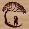 Embracing Tree of Love Illustrative design of a tree with two lovers embracing in the branches, suitable for Valentine's Day or wedding decorations.
