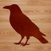 A stylized illustration of a crow in silhouette form.