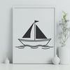 A simple line art illustration of a sailboat on calm waters, suitable for vector design and cutting machine stencils.