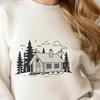 A simple line-drawn illustration of a cozy wood cabin with a pitched roof and tree surroundings.