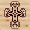 A stylized graphic representation of a Christian crucifix with ornate details.