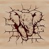 A vector illustration of a large grey elephant with wrinkled skin, breaking through a wooden wall.
