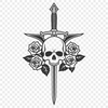 Gothic Rose Skull Silhouette A stylized illustration of a skull adorned with a dagger and surrounded by intricate rose designs.