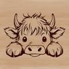 A realistic illustration of a Highland Cow's head peeking out from behind a tree, suitable for farm-themed designs.