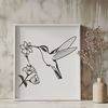 Lush Hummingbird Perch A vector graphic of a hummingbird perched on a branch amidst lush green foliage.