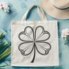 A stylized illustration of a single clover leaf with detailed lines and curves.