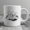 A digital illustration of a mountain landscape with snow-capped peaks and trees.
