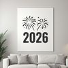 A minimalist illustration of the New Year's date 2026 in bold font with a subtle background.
